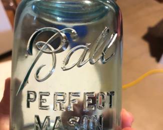 3 Ball Qt size mason jars (blue), 2 Ball Pint size mason jars (blue),and 1 Qt size Atlas clear mason jar