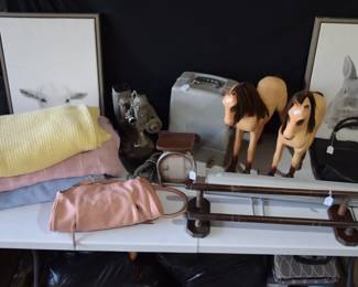 Blankets, vintage electronics/scales, barn pictures and large play horses etc