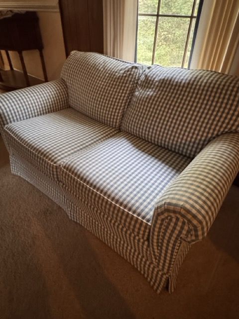 Broyhill loveseat in blue and white check. Matching full sofa too!