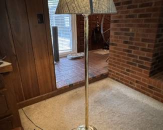 Brass floor lamp with light blue linen shade