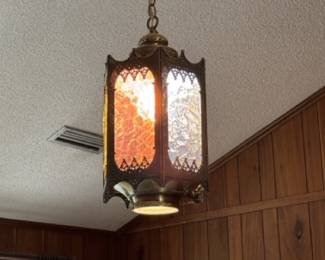 Gothic Revival light fixtures (pair of 2), insert glass is blue/red/yellow. Unique retro look!