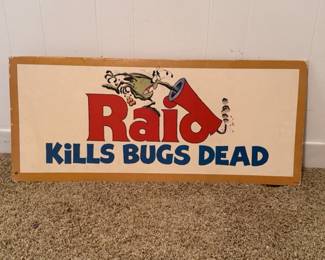 Raid promotional sign circa 1970s, bright colors, two sided.
