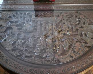 Ornate Chinese carved top table and chairs
