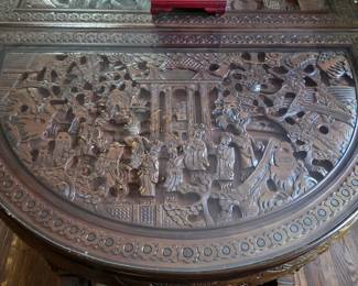 Ornate Chinese carved top table and chairs