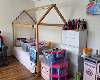 Canopy bed frame, assorted toys