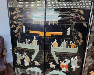 Stunning vintage Chinese Coromandel lacquer and jade 6-panel room divider