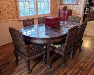 Ornate Chinese carved top table and chairs