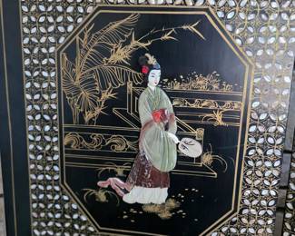 Stunning vintage Chinese Coromandel lacquer and jade 6-panel room divider