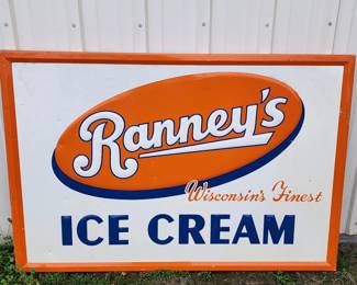 Ranney's Ice Cream Vintage Tin Sign. Ranney's was a dairy business that was founded in Tomah, Wisconsin, in 1922. The company was opened by A.L. Ranney, who initially focused on milk production and later shifted to ice cream and sweet cream production. The business merged to form the Ranney Neuman Milk and Ice Cream Co. and was eventually acquired by Dolly Madison around 1965. 