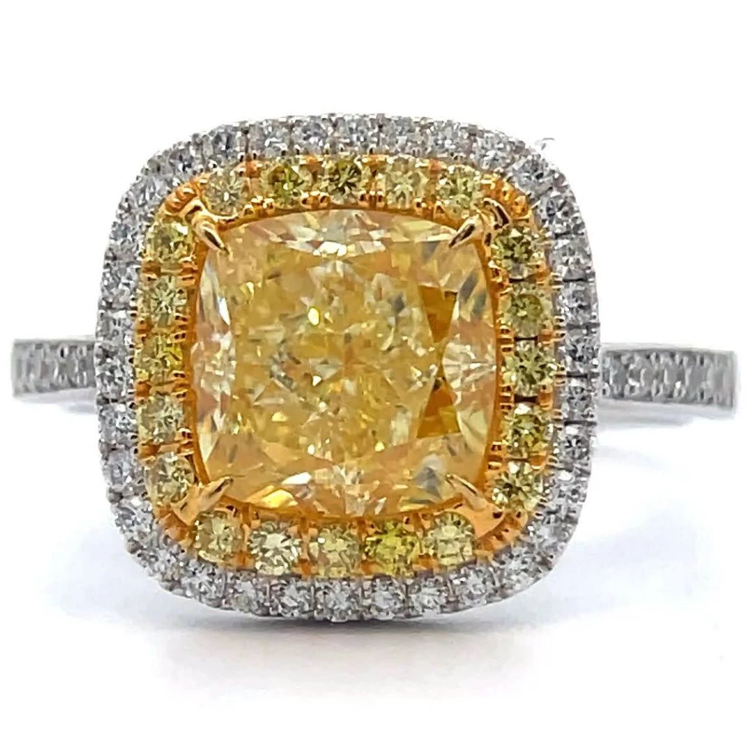 3.53 Carat Natural Fancy Yellow & White Diamond Cushion Halo Ring in 18K Two-Tone Gold