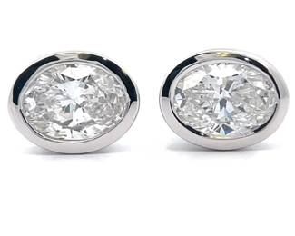2 Carat Diamond Oval Bezel Solitaire Stud Earrings in 14k White Gold