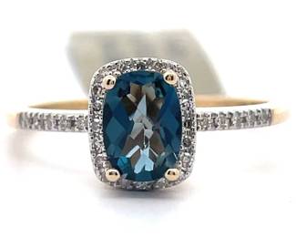 NEW! London Blue Topaz & Natural Diamond Halo Ring in 14k Yellow Gold