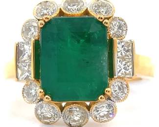 5.89 Carat Natural Emerald & Natural Diamond Bezel Halo Milgrain Ring in 14k Gold