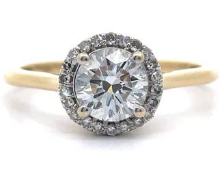 1.10 Carat Round Diamond Halo Cathedral Ring in 14k Yellow Gold
