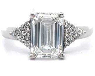 2 Carat Diamond Emerald Cut Triangle Pavé Ring in 14k White Gold