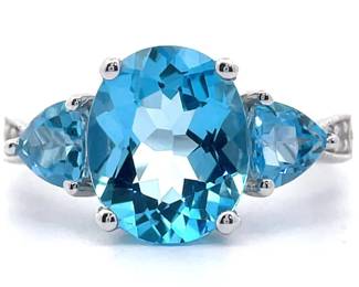 4.98 Carat Blue Topaz Three-Stone & White Topaz Ring