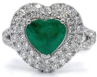 NEW! 2.64 Carat Natural Emerald & Natural Diamond Heart Halo Ring in Platinum