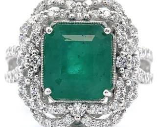 NEW! 4.69 Carat Natural Emerald & Natural Pavé Diamond Halo Split Shank Ring in Platinum
