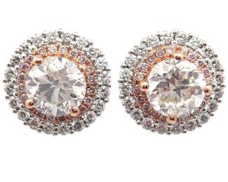 NEW! 3.89 Carat Natural Fancy Pink & White Diamond Halo Stud Earrings in 18k Two-Tone Gold