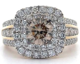2.50 Carat Natural Fancy Brown & White Diamond Double Halo Ring in 14k Yellow Gold