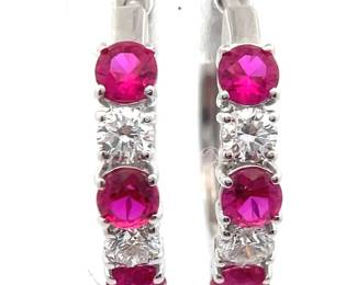 0.51 Carat Ruby & Diamond Small Hoop Earrings in 14k White Gold