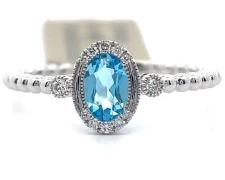 NEW! 0.62 Carat Blue Topaz & Natural Diamond Halo Ring in 14k White Gold