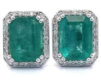 5.36 Carat Natural Emerald & Natural Pavé Diamond Halo Stud Earrings in Platinum