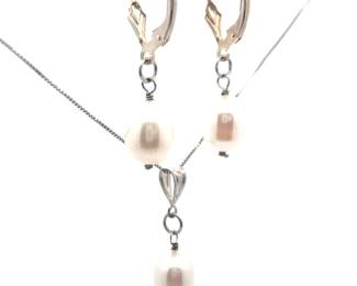 Rice White Pearl Dangle Earrings & Pendant 2-Piece Matching Jewelry Set
