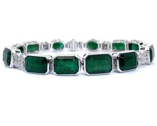 36.79 Carat Natural Emerald & Diamond Bezel Tennis Bracelet in Platinum