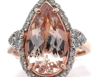 5.63 Carat Pear Natural Morganite & Natural Pavé Diamond Halo Ring in 14k Two-Tone Gold