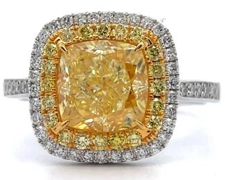 3.53 Carat Natural Fancy Yellow & White Diamond Cushion Halo Ring in 18K Two-Tone Gold