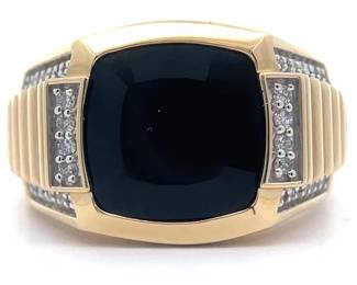 Men's 0.25 Carat Natural Diamond & Faceted Onyx Square Top Ring in Yellow Gold