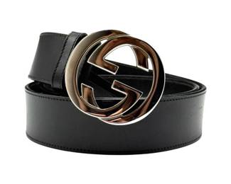 Gucci Black Leather Belt with Silvertone Interlocking G Buckle