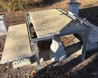 Concrete Dual Pedestal Table and two benches, Metal Table Frame