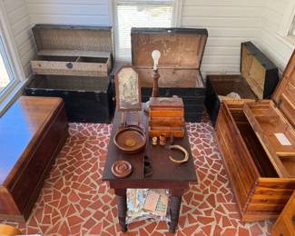 Two cedar chest , Three Steamer trunks