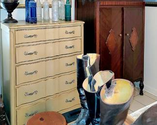 French Provincial Chest, Boots, Bottle Collection