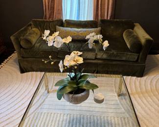 vintage brasscoffee table, silk velvet down baker sofa