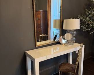 west elm desk, ballard mirror, bubble lamp, crate and barrel olive tree brass vanity chair