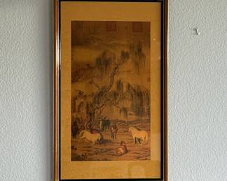 Lot #88 Asian Copper Print Vintage Framed Asian Art Print Horses and Willow Tree Landscape