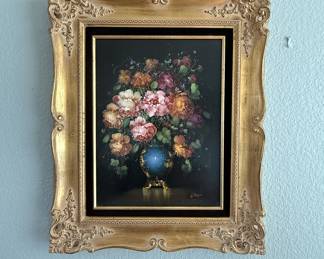 Lot #74 Gitta Vintage Gitta Floral Oil Painting on Board Blue Vase Ornate Gold Frame