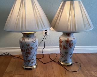 Lot #69 Pair of Vintage Floral Ceramic Table Lamps with White Fabric Shades and Brass Accents