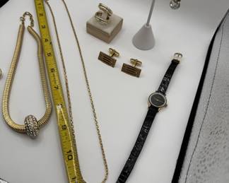 Lot #11 Vintage Gold Tone Jewelry Set with Black Leather Strap Watch, Decorative Brooch, Earrings, Cufflinks, and Rings