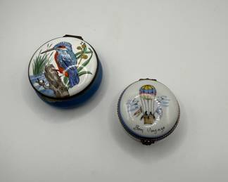 Lot #16 Hand-Painted Limoges Porcelain Trinket Boxes Blue Kingfisher Bird and Hot Air Balloon Bon Voyage Design