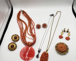 Lot #104 Vintage Fashion Jewelry!Vintage Faux Coral Celluloid Pendant and Earrings and Red Pendant Necklace
