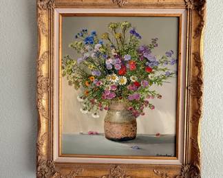 Lot #76 Wild Flowers by Andre Robert Signed Andrรฉ Robert Floral Oil Painting in Ornate Gold Frame