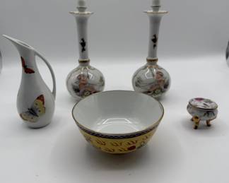 Lot #50 Vintage Bavarian Porcelain Decanters, Butterfly Pitcher, Chinese Yellow Dragon Bowl, and Floral Trinket Box