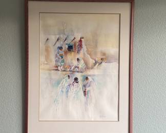 Lot #94 Native Water Color dd. Boehm Framed Floral Print with Red Flowers in Blue Vase Signed Annali Hansen