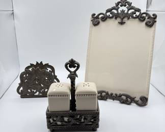 Lot #184 Gracious Goods Collection - Message Board with Ceramic Salt and Pepper Shakers and Matching Napkin Holder