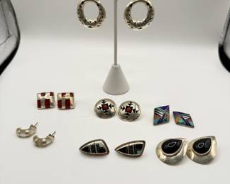 Lot #96 Vintage Sterling Silver Patterned Hoop Earrings with Assorted Sterling Silver and Stone Stud Earrings Set