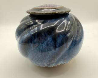 Lot #196 Bill Campbell keeper jar Blue Swirled Glazed Ceramic Jar with Lid Vintage Collectible Pottery